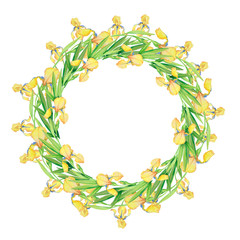 Yellow irises, beautiful delicate wreath of flowers and leaves, watercolor illustration .