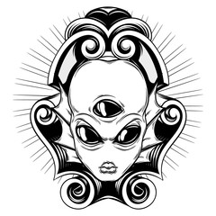 Vector hand drawn illustration of angry alien with three eyes and baroque frame isolated .