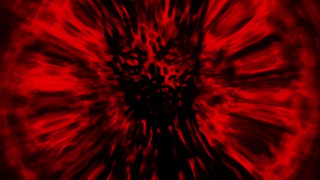 Cruel bloody zombie face. Angry devil head. 2D animation horror fantasy genre. Scary animated backdrop movie. Motion graphics for VJ loops and music clips. Dark Halloween video. Red background color.
