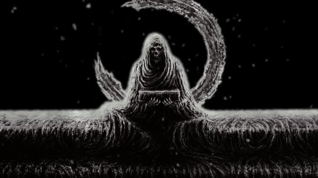 Monk's mummy sits on steps and holds box. Forgotten ancient temple. Horror genre animation. Black and white color. 