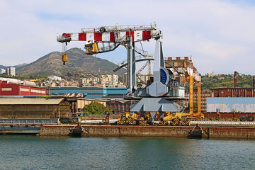 Fototapeta na wymiar Sea view of the industrial harbor of Genoa, Italy with cranes and the structures of the containerport