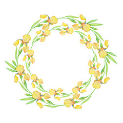 Yellow irises, beautiful delicate wreath of flowers and leaves, watercolor illustration .