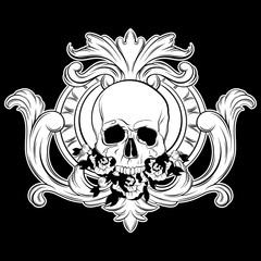 Vector hand drawn illustration of human skull with flowers in frame.