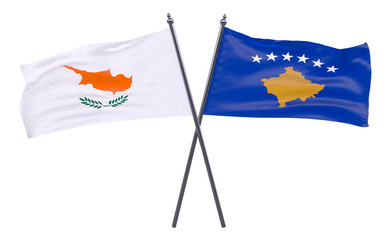 Cyprus and Kosovo, two crossed flags isolated on white background. 3d image