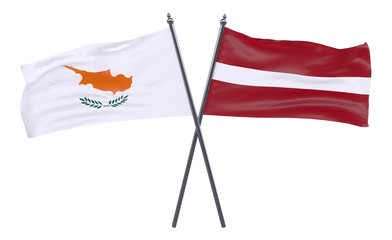 Cyprus and Latvia, two crossed flags isolated on white background. 3d image