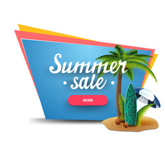 Summer sale, discount banner with a button, palm, coconuts, beach umbrella and surf Board