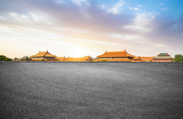 Empty Asphalt Ground and Bauhinia City, Beijing, China