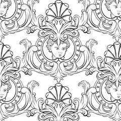Vector pattern with hand drawn illustration of cupid in frame.