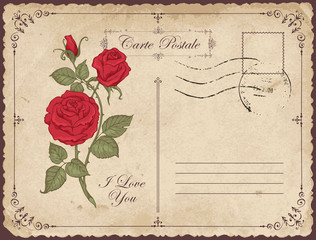 Vintage greeting card or postcard with red roses. Romantic vector card in vintage style with calligraphic inscription I love you and place for text