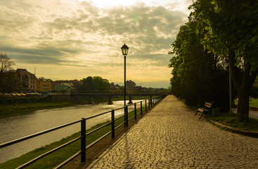 Embankment of the provincial city in the evening.