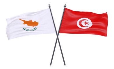 Cyprus and Tunisia, two crossed flags isolated on white background. 3d image