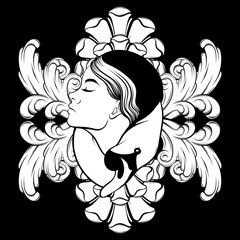 Vector hand drawn illustration of girl with swan and baroque frame isolated .