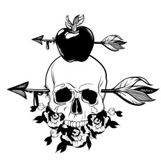 Vector hand drawn illustration of human skull with arrow in his head isolated.