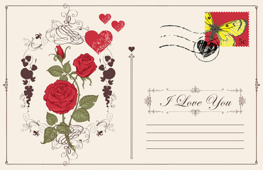 Vintage greeting card or postcard with red roses, hearts and postage stamp with butterfly. Romantic vector card in vintage style with calligraphic inscription I love you and place for text