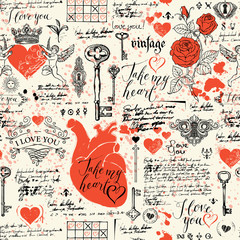 Vector seamless pattern on the theme of Declaration of love and Valentine day in retro style. Abstract background with hearts, roses, keys, keyholes, cupids and handwritten inscriptions