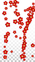 Vector Realistic Red Flowers Falling on Transparent Background.  Spring Romantic Flowers Illustration. Flying Asian Rose Spa Design. Blossom Confetti. Design Elements for Wedding Decoration.