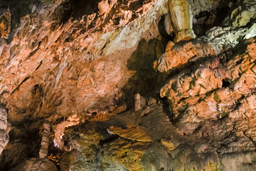 The beautiful stalactites and stalagmites and other rock formations are reflected in a small lake in the Antro del Monte Corchia cave in the Apuan Alps in Italy.