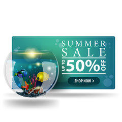 Modern summer discount green 3D banner with button and round aquarium with fish