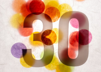 30 number thirty, graphic black digit and creative typography with many colourful wheels, happy...