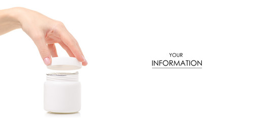 White jar medicine healthy in hand pattern on white background isolation