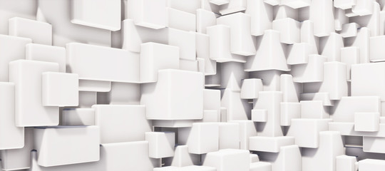Colorful abstract panoramic background: geometric white matte cube wall.  ( Car backplate, 3D rendering computer digitally generated illustration.)