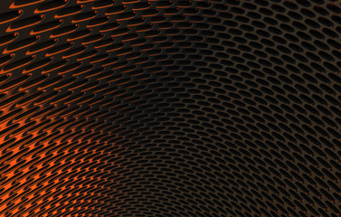 Metal mesh grild. Abstract 3d rendering background in high resolution. 3d render of  black carbon grid with orange light.