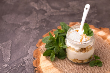 Coconut bisquit dessert with ricotta, mint. Yogurt breakfast