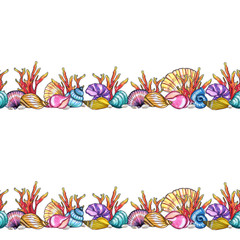 Hand painted watercolor shells seamless pattern isolated on white background.