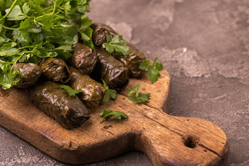 Traditional georgian cuisine. Dolma in grape leaves
