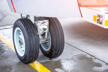 Front wheel aircraft landing gear, close up.