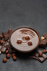 glass bowl of chocolate cream or melted chocolate, pieces of chocolate and hazelnuts on dark concrete background
