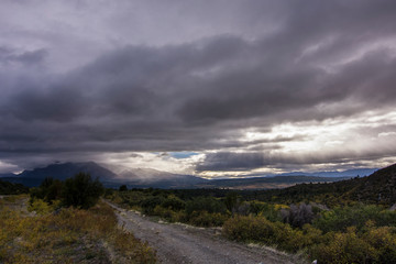 Naklejka na ściany i meble scene view of patagonia landscape under overcast sky