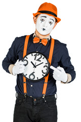 Funny clown with clock isolated on white background.