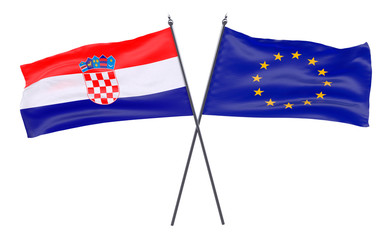 Croatia and EU, two crossed flags isolated on white background. 3d image