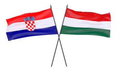 Croatia and Hungary, two crossed flags isolated on white background. 3d image