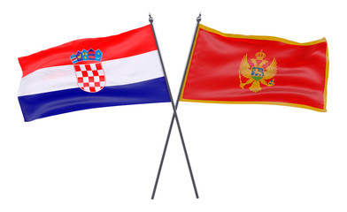 Croatia and Montenegro, two crossed flags isolated on white background. 3d image