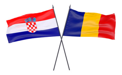 Fototapeta na wymiar Croatia and Romania, two crossed flags isolated on white background. 3d image