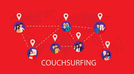 Design concept of couchsurfing with dotted world map, different characters people and background for website and mobile website. Vector illustration.