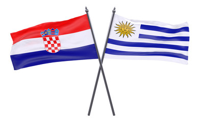 Croatia and Uruguay, two crossed flags isolated on white background. 3d image