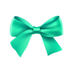 Decorative turquoise ribbon bow. Realistic decoration for holiday. Elegant silk accessory for clothes. Holyday design element isolated on white. Elegant object from silk vector illustration.