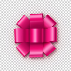 Beautiful pink bow from satin tape isolated on transparent background. Realistic decoration for competition or achievement congratulation. Bright bow for diploma design vector illustration.