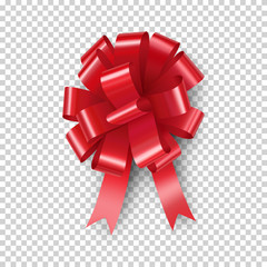Light red bow with ribbon with shadow isolated on transparent background. Realistic decoration for holidays. Beautiful decor from silk vector illustration. Christmas or birthday packing element.