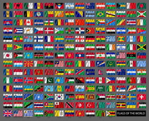 Wavy worldwide national flags set. Realistic all world countries flags isolated on grey background. Patriotic and diplomatic symbols vector illustration. Official and political identity.