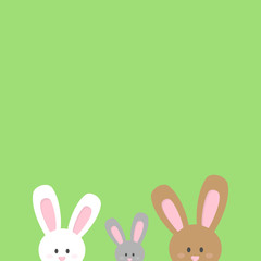 Cute Easter bunnies vector illustration graphic. Little rabbits peeking out. White, grey and brown bunny isolated on green background.