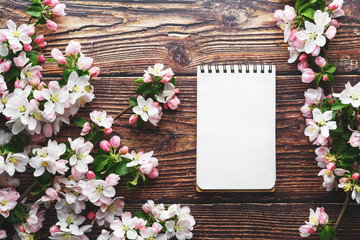 Sakura blossoms on a dark rustic wooden background with a notebook. Spring background with blossoming apricot branches and cherry branches