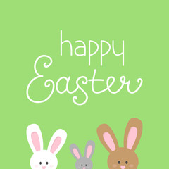 Happy Easter hand lettering vector greeting card with cute little Easter bunnies peeking out.