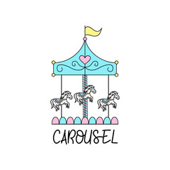 Merry go round, carousel with horses, vector outlined illustration icon with writing.  
