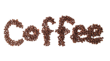 Roasted coffee beans isolated over white background, top view