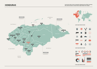 Naklejka premium Vector map of Honduras. High detailed country map with division, cities and capital Tegucigalpa. Political map, world map, infographic elements.