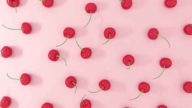 3D render of fresh red cherry fruit on pastel background. 4K render animation loop.